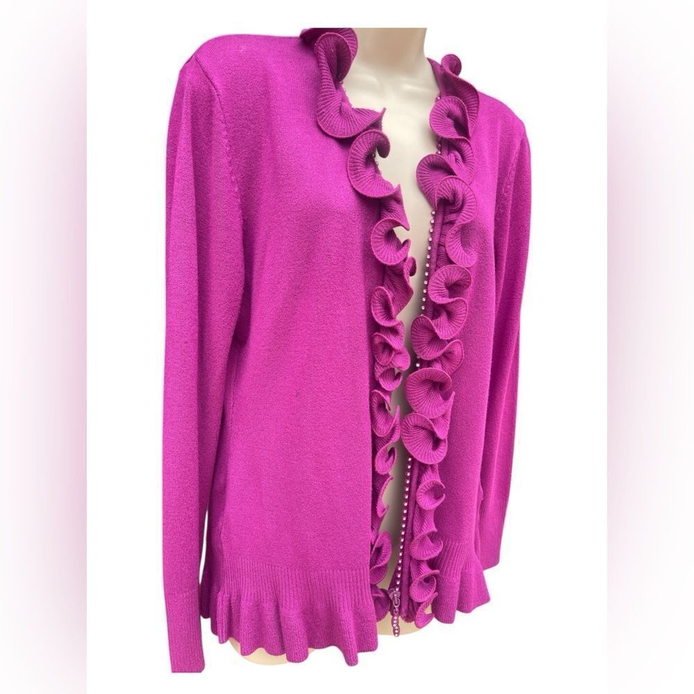 VILA Fuchsia Ruffle Trim Cardigan zipper Long Sleeve Large - Picture 2 of 7